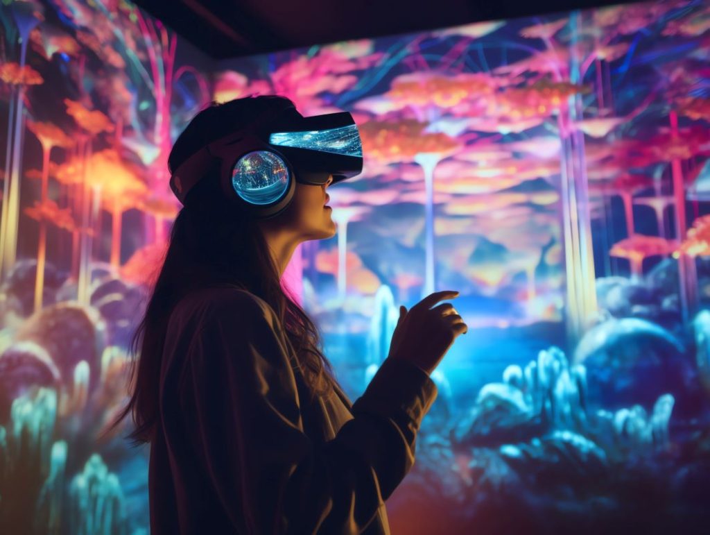 אישה משתמשת במשקפי מציאות מדומה VR, מסתכלת מסביב: תצוגה של אור מרובה צבעים